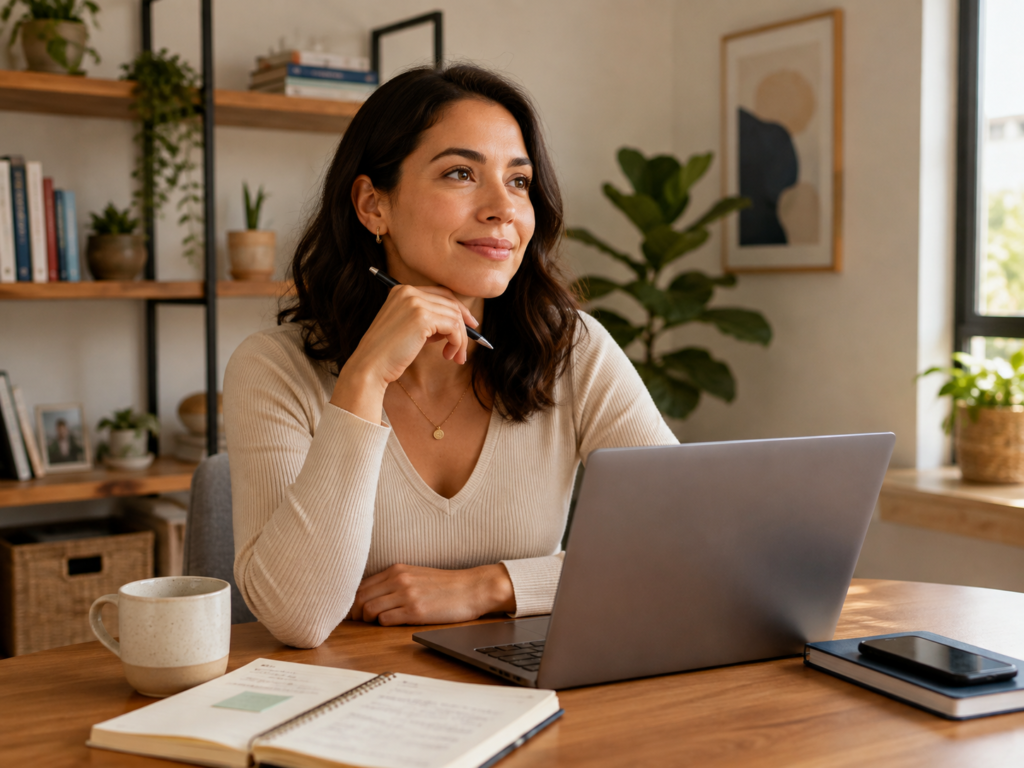 Mujer trabajando en su planificación financiera desde casa